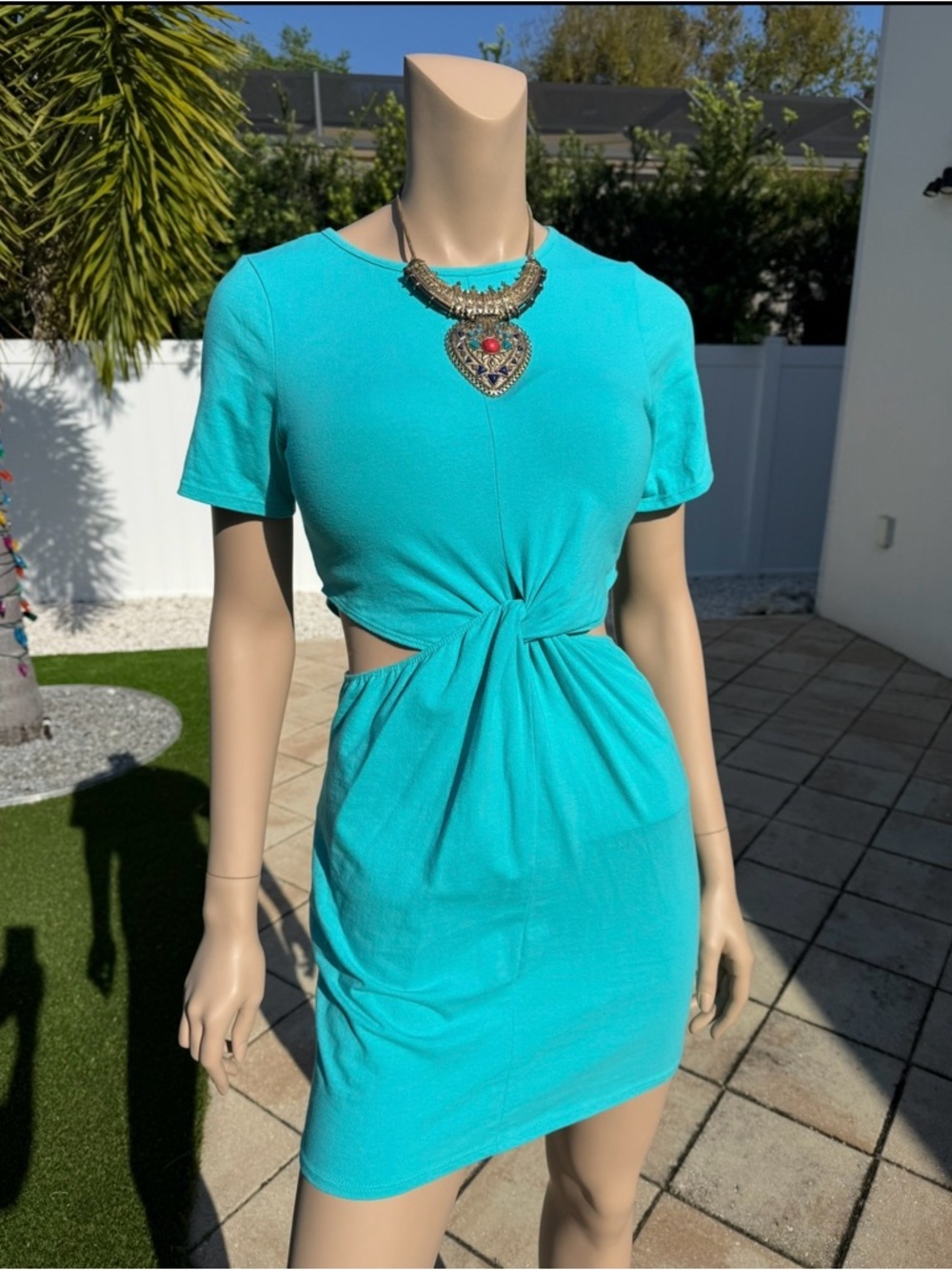 Turquoise Cotton Twist Knot Front Cutout Mini T-Shirt Dress Short Sleeve size M